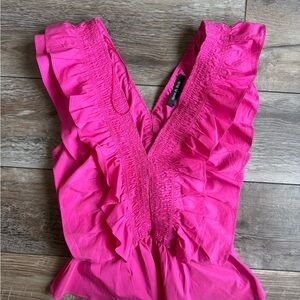 Smocked Ruffle V-Neck Blouse in Hot Pink